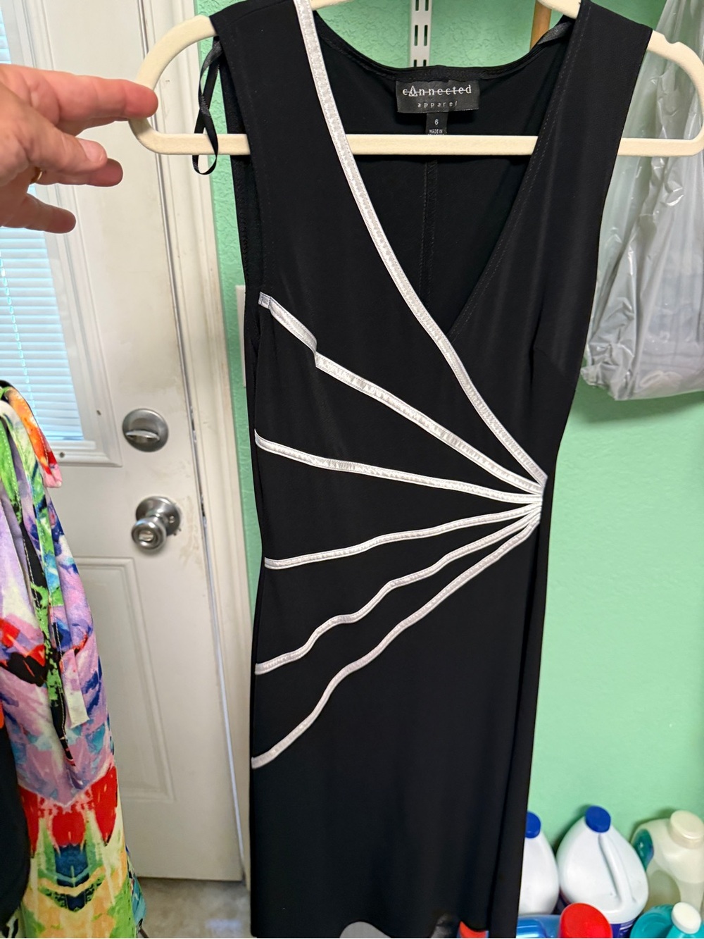 connected apparel Black Sleeveless V-Neck Dress with White Ribbon Accents